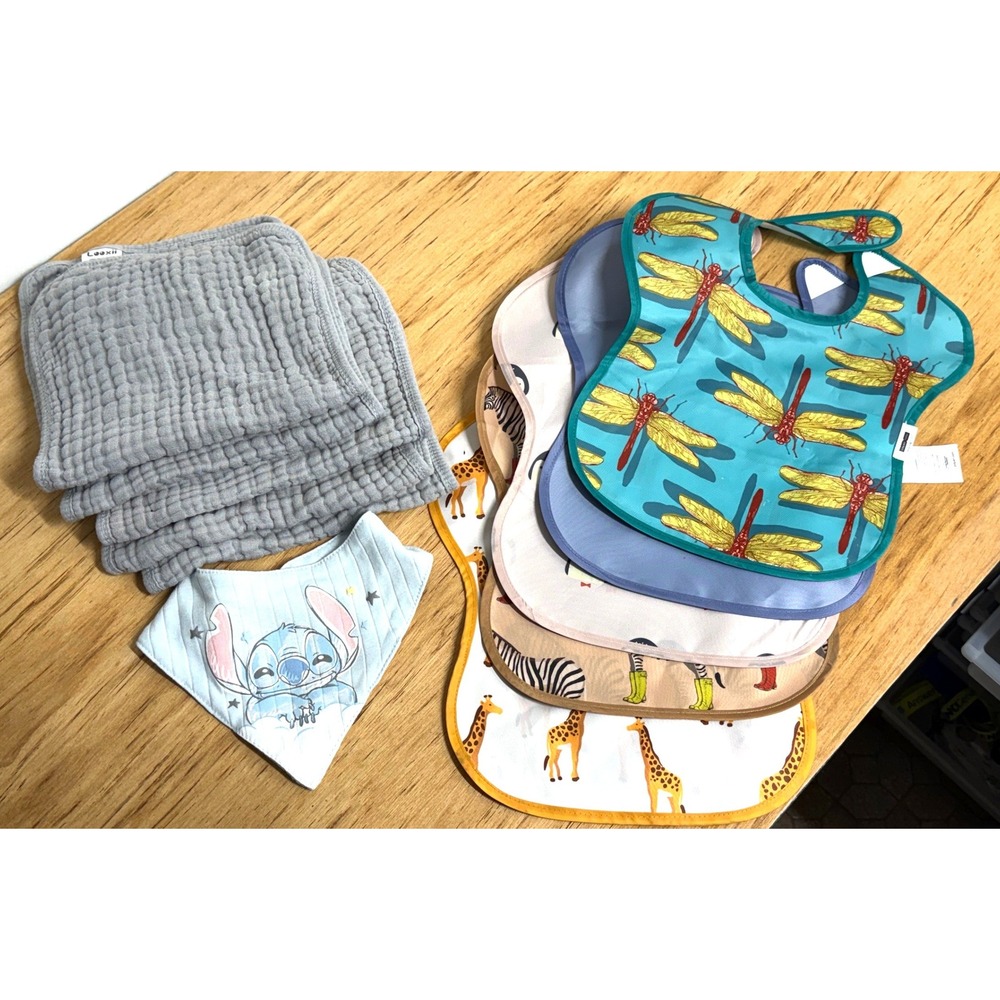 Baby Bib‎ and Burp Cloth Bundle Disney Stitch Dragonfly Animal Prints 10pc Set